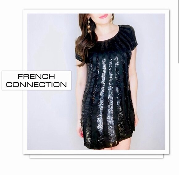 French Connection Black Sequin Stripe Shift Dress-Size 10 - Picture 9 of 10